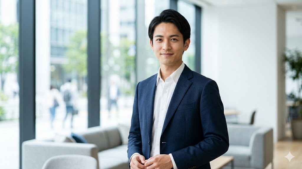 誠実さと信頼感を感じさせる落ち着いた雰囲気の日本人男性のポートレート
