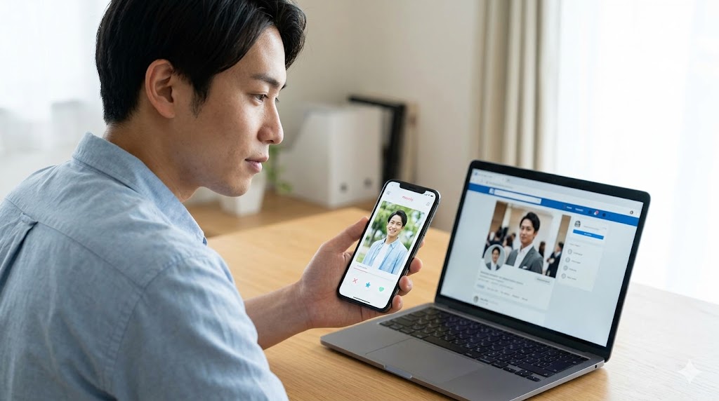 デスクの上で、スマホのマッチングアプリ画面とPCのSNS画面に異なる写真が設定されている様子を確認する日本人男性