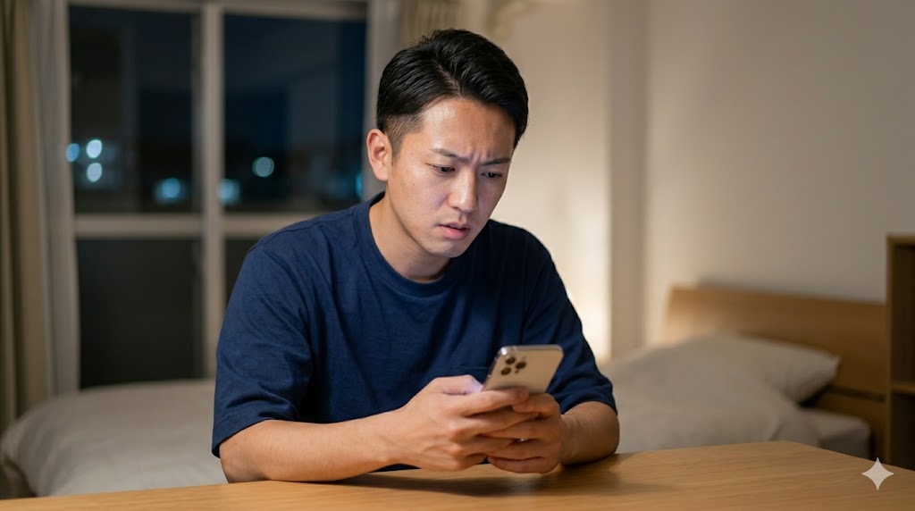 マッチングアプリのメッセージが途切れ、夜の自室でスマートフォンを見つめながら悩む日本の男性。
