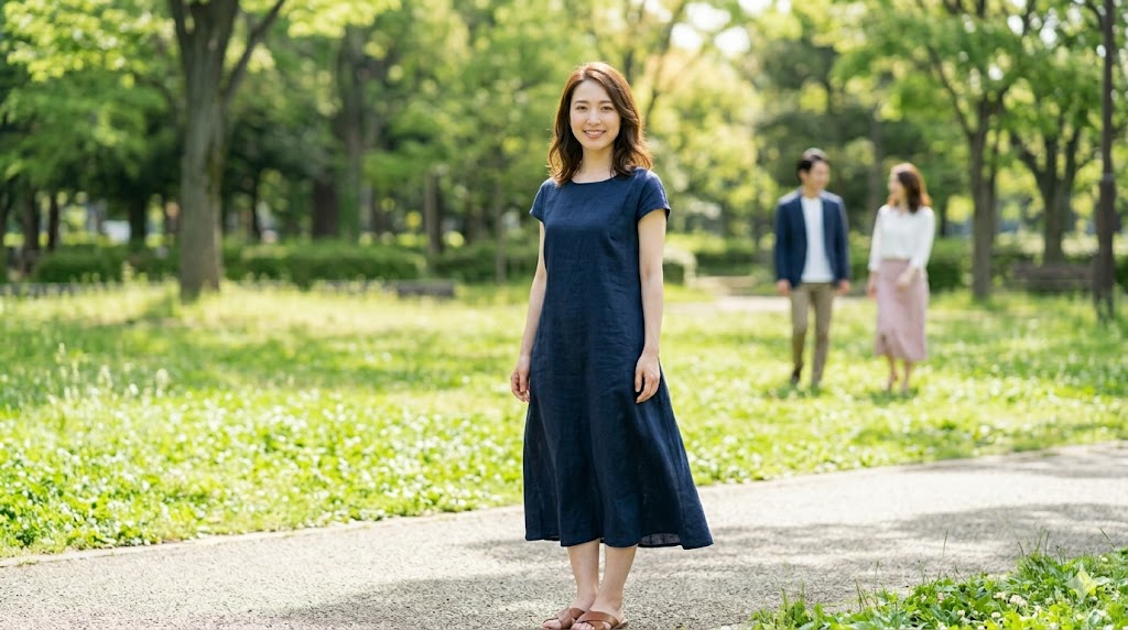 明るい公園で自然な立ち姿を見せる日本人女性の全身写真。マッチングアプリで体型や全体の雰囲気を誠実に伝えるサブ写真の例。