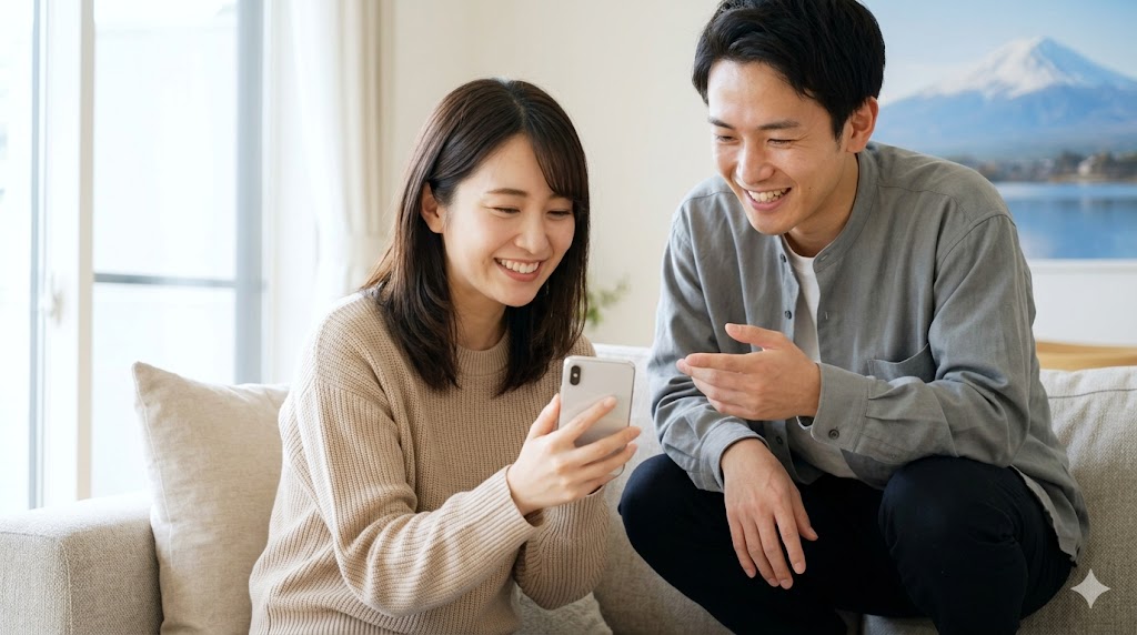 マッチングアプリで、お互いの返信ペースや文字量を合わせる「ペーシング」を意識してやり取りを続け、自宅のソファで仲良さそうにスマートフォンを共有する日本人カップル。