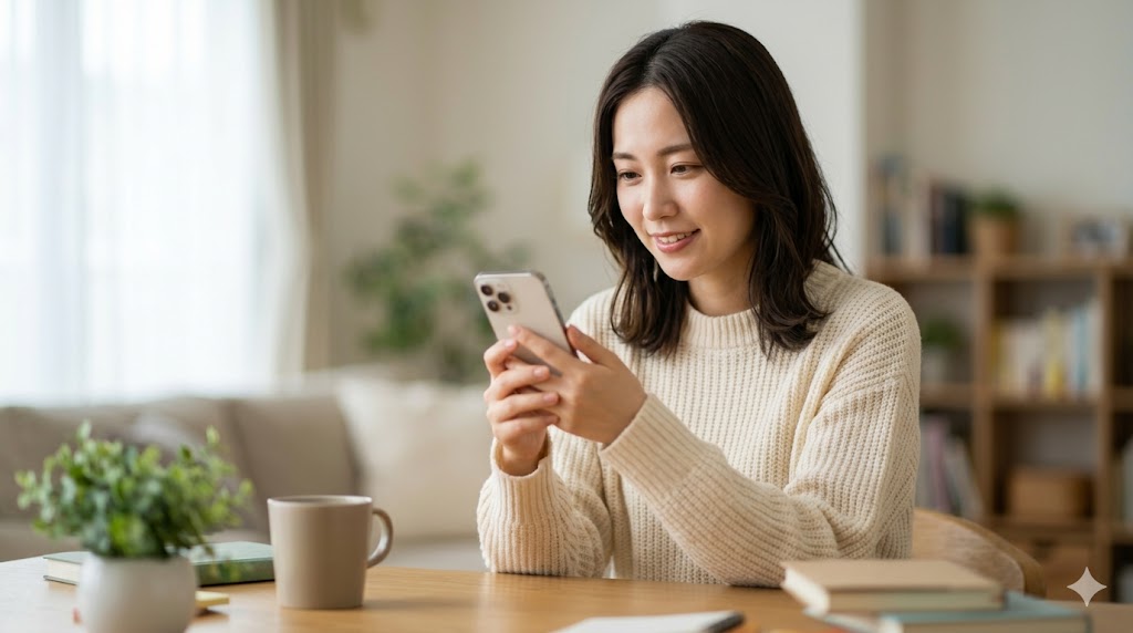 相手のペースに合わせてスマートフォンで丁寧にLINEの返信をする日本人女性