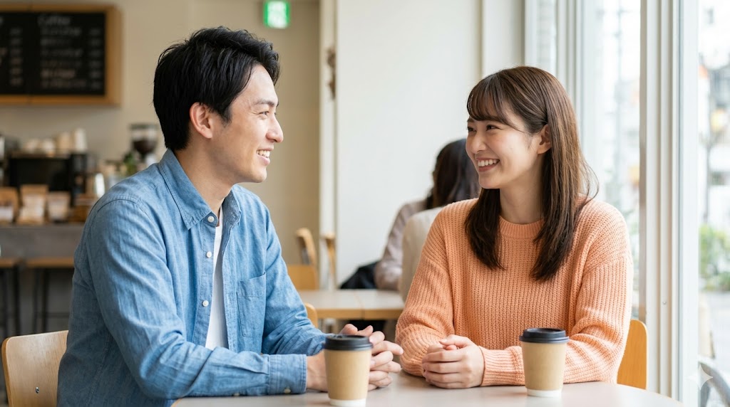 明るいカフェで、楽しそうに会話をする日本人カップルのデート風景