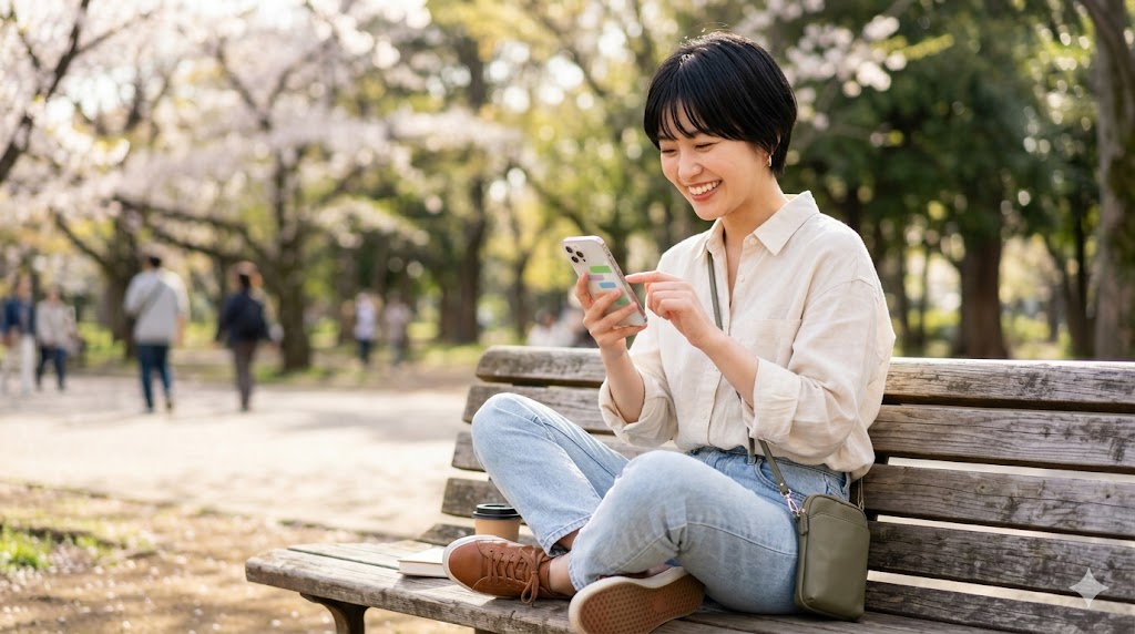晴れた日の公園で、晴れやかな表情でスマホを操作し、新しい出会いを探す日本人女性