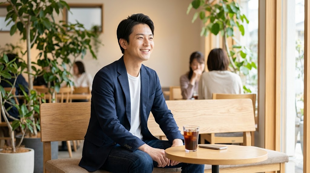 マッチングアプリで良い反応が得られ、嬉しそうにスマートフォンを眺める日本人男性