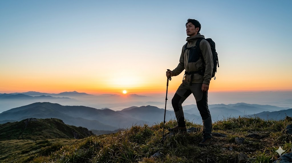 朝日に照らされた山頂に一人立ち、遠くを見つめる強い意志を持った日本人男性。独立心と個性の強さを、人生を切り拓く最強の武器として表現。