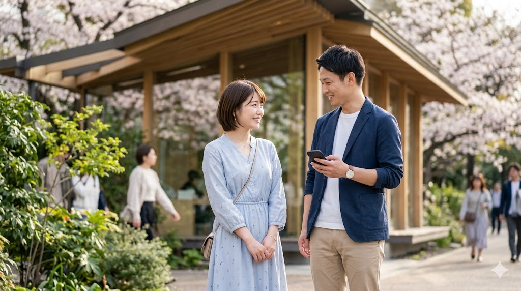 適切なタイミングで誘い合い、待ち合わせ場所で初めて対面して笑顔を交わす日本人男女