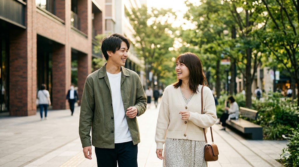 マッチングアプリを通じて出会い、楽しそうにデートで会話を弾ませる日本人の男女