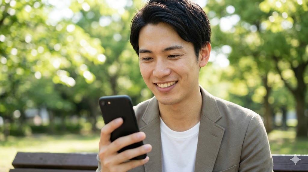マッチングアプリの誘い方を学び、自信を持って相手にメッセージを送る日本人の男性。