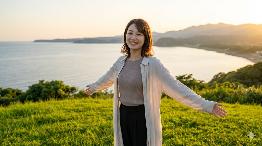 穏やかな海辺で未来に向かって微笑む、前向きな日本人女性。