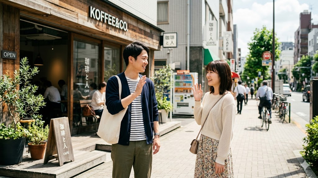 デートが終わり、名残惜しそうに、でも晴れやかな笑顔で解散する日本人の男女。