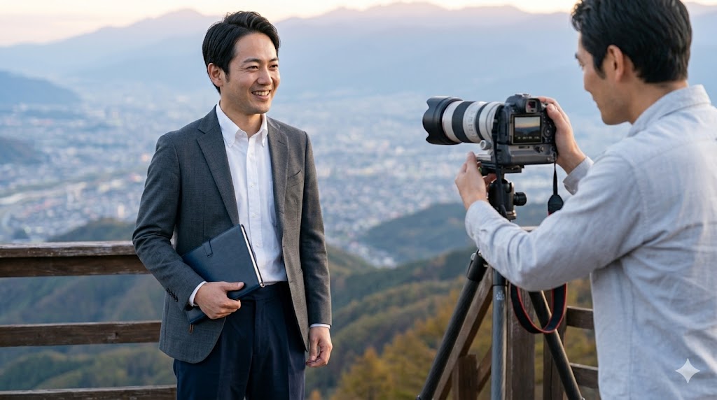 屋外の自然光の下で、プロのカメラマンに撮影してもらっている様子。高品質なプロフィールの作成。