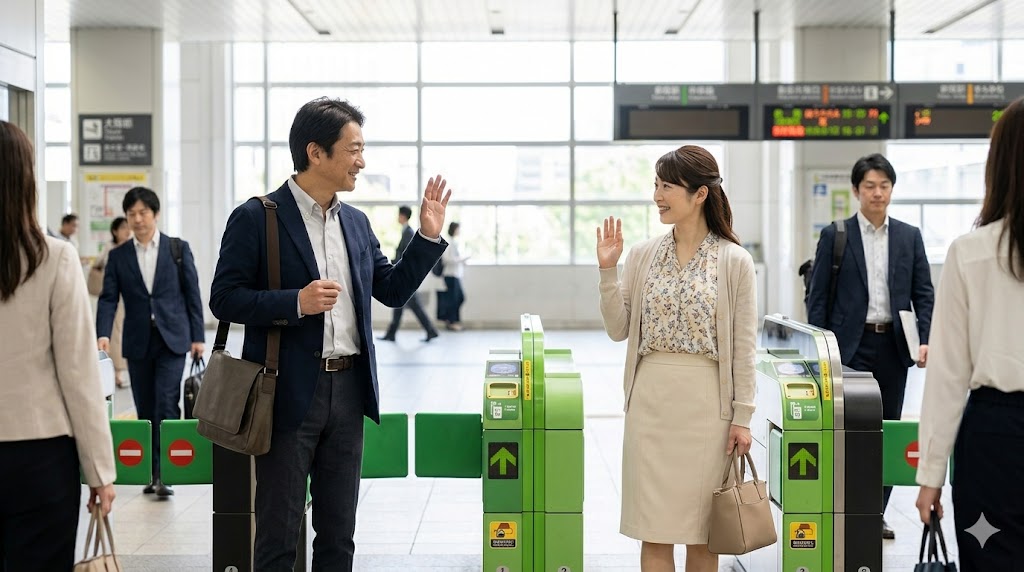 駅の改札付近で笑顔で手を振り、爽やかに解散する日本人の男女。誠実な印象を与え、次回のデートに繋げるスマートな別れ際のイメージ。