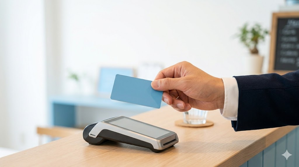 カフェの会計をスマートにクレジットカードで済ませる男性の手元