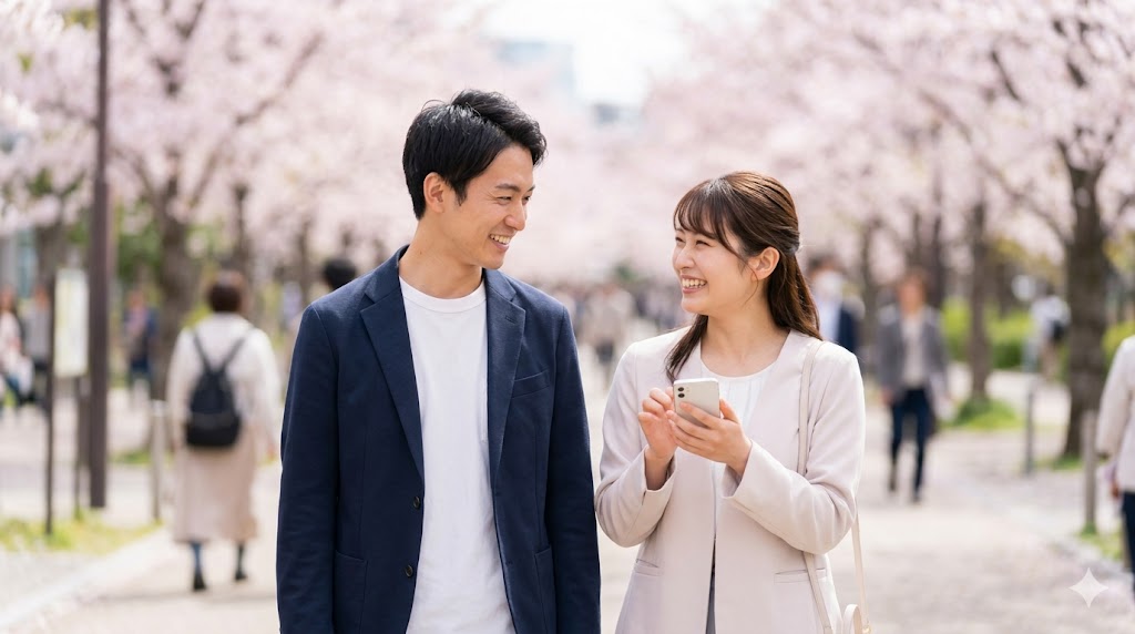 春の並木道を笑顔で歩く日本人カップル。女性が持つスマホは、次のデートの約束が整った嬉しいメッセージを暗示。