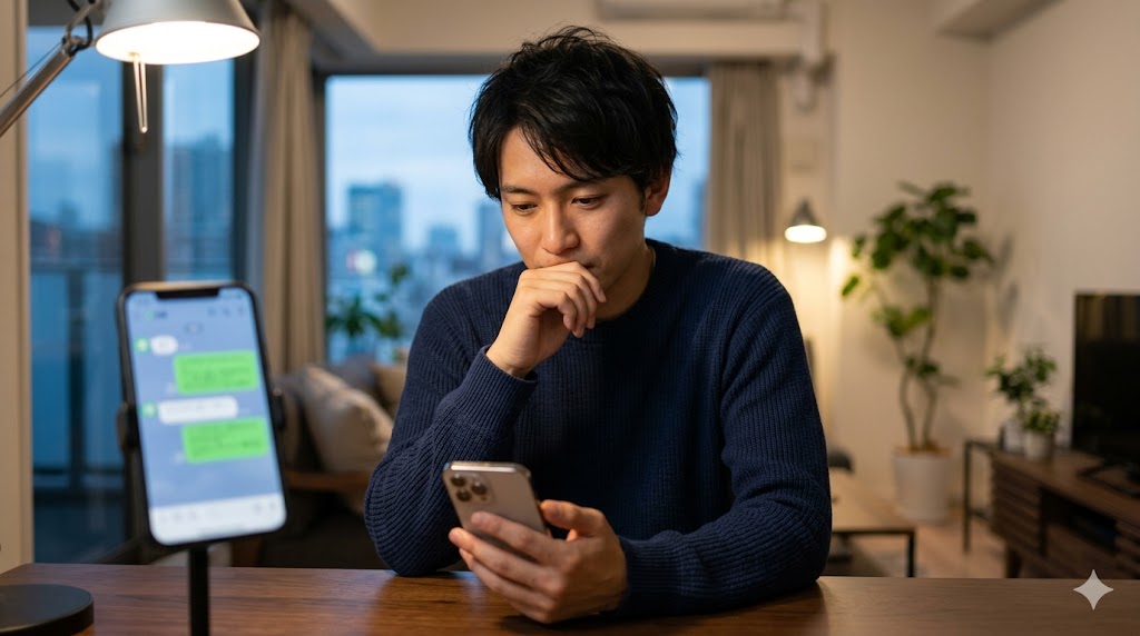 デートを断られ、スマートフォンを手に落ち込むが、気持ちを切り替えようとする日本人男性。