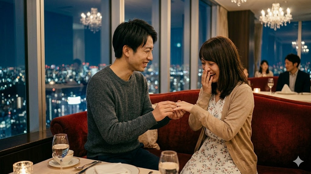 告白が成功し、幸せな笑顔で指輪を見つめる男女