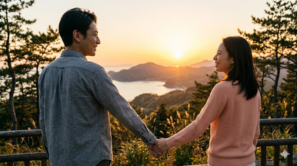 美しい夕日を背景に、手を繋いで将来について語り合う日本人カップル。
