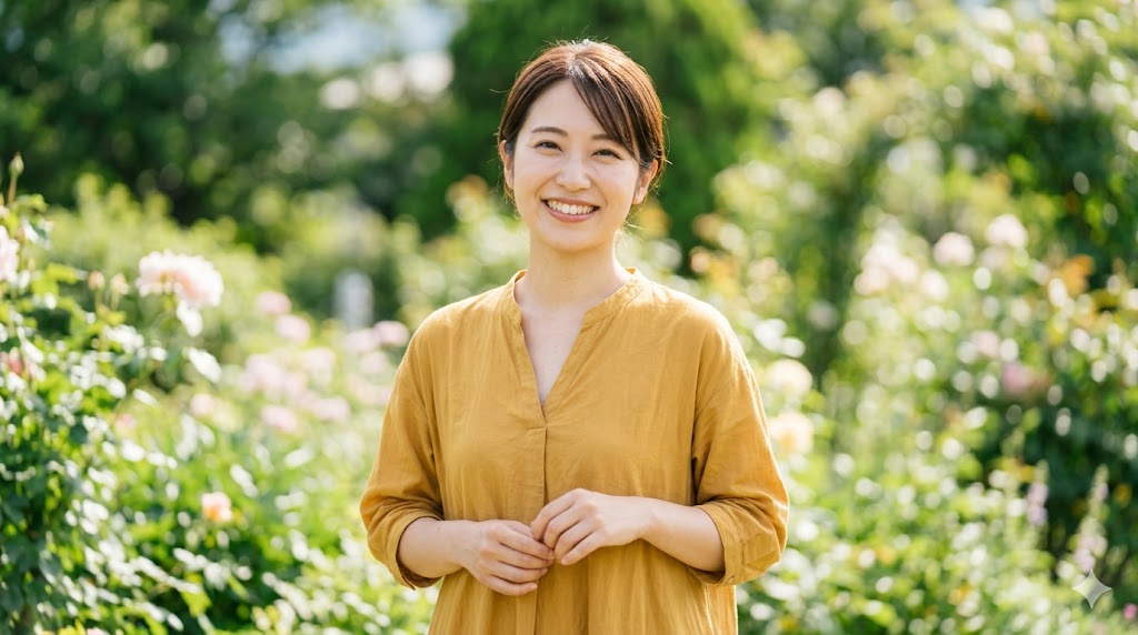 笛吹市の自然豊かな庭で、カメラ目線で自信に満ちた笑顔を見せる日本人女性。毎日を充実させる自立した姿を表現。