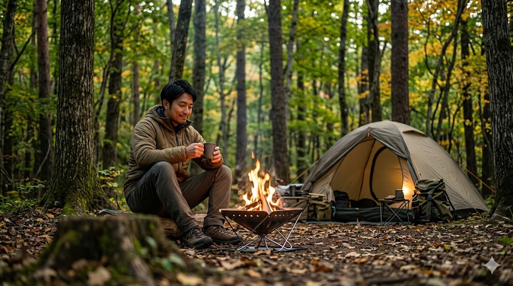 誰にも気兼ねせず、大自然の中で一人の自由な時間を満喫するソロキャンプ中の30代男性。
