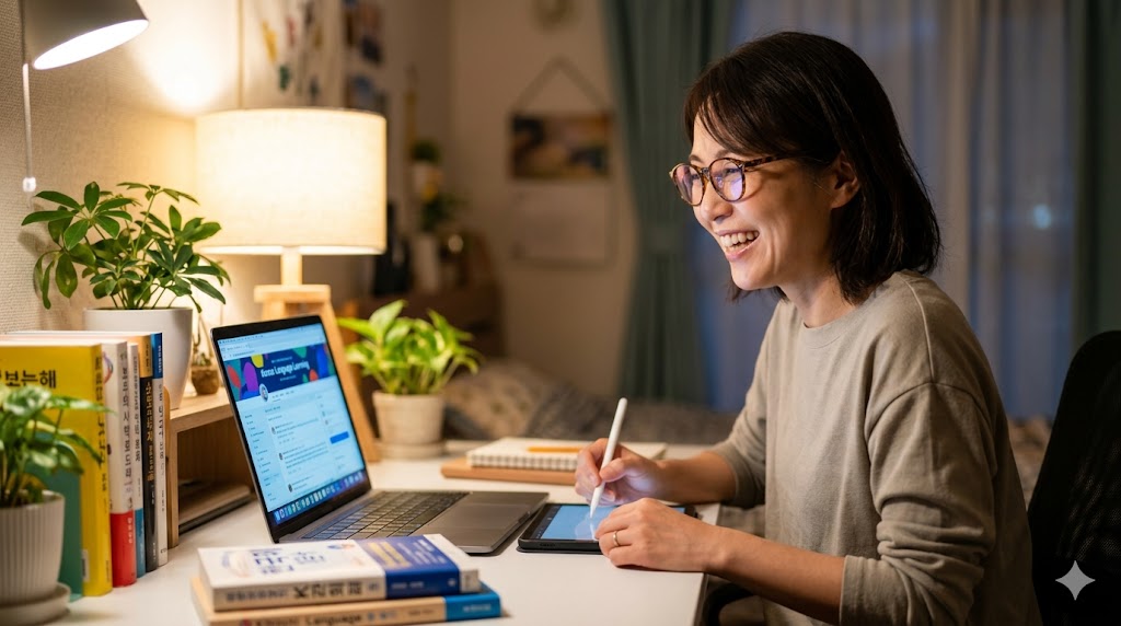 夜、自宅のデスクで、韓国語学習のオンラインコミュニティ（ブログやSNS）に参加し、画面の向こうの仲間とつながる楽しさに満面の笑みを浮かべる40代の日本人女性。