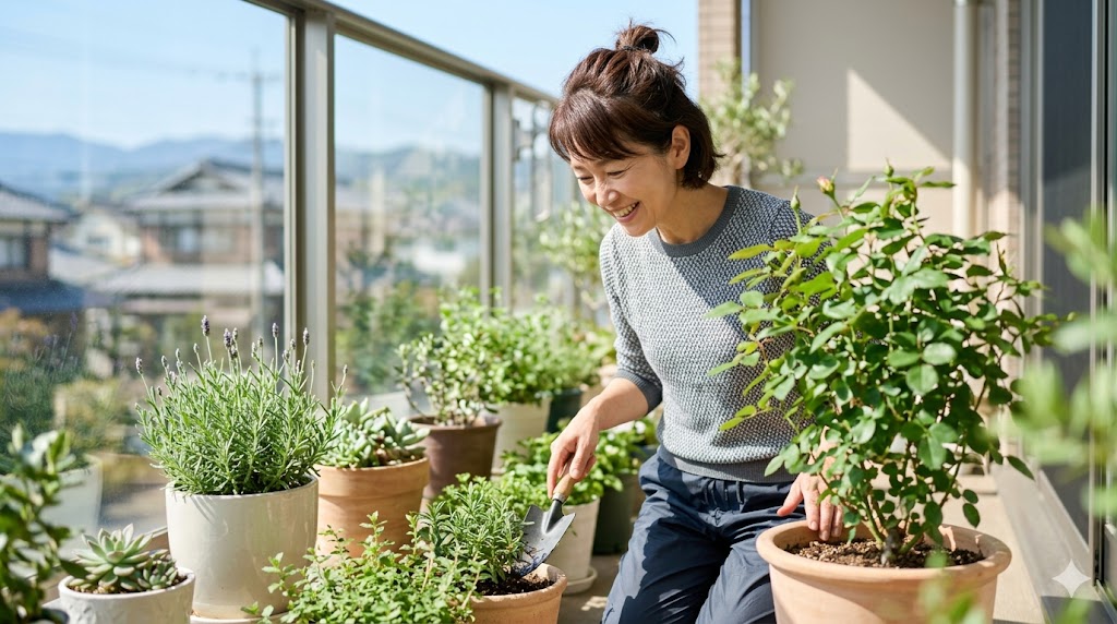 自宅のベランダでガーデニングに没頭し、植物の成長を笑顔で見守る若々しい50代日本人女性。