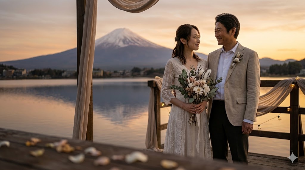 富士山を望む絶景スポットで、二人だけの特別なフォトウェディングを行う日本人カップル。