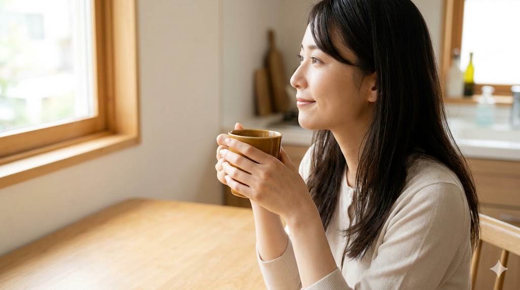 自宅のキッチンで温かい飲み物を手に、穏やかな表情で自分自身と向き合う日本人の女性。「孤独力」を身につけ、一人の時間を愛するイメージ。