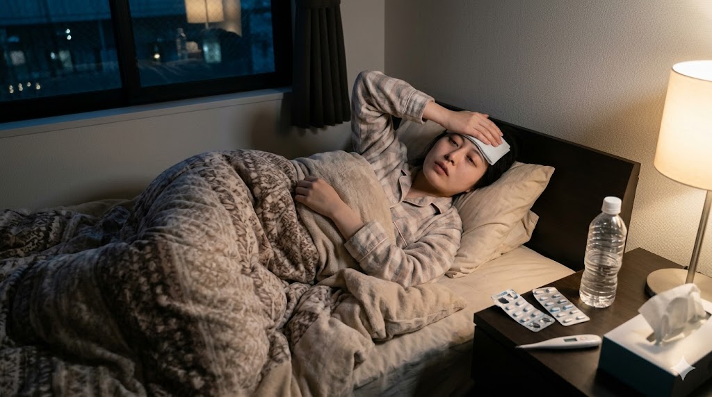 部屋で一人、熱っぽそうに布団にくるまる日本人女性（緊急時の不安）。