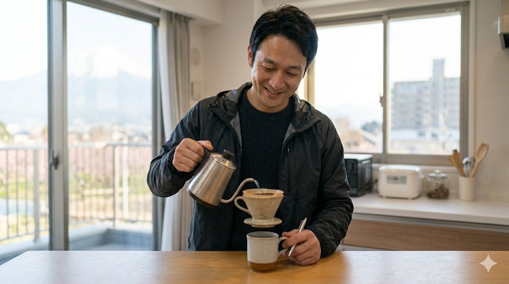 朝の光の中で、ランニングをしてからコーヒーを淹れる日本人男性。世間の基準ではなく、自分自身の心地よい距離感を見つけ、穏やかに過ごす様子。