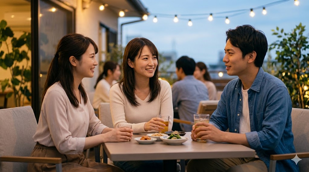 日本のカジュアルなレストランのテラス席で、夕暮れ時に行われている少人数の集まりの様子が描かれています。