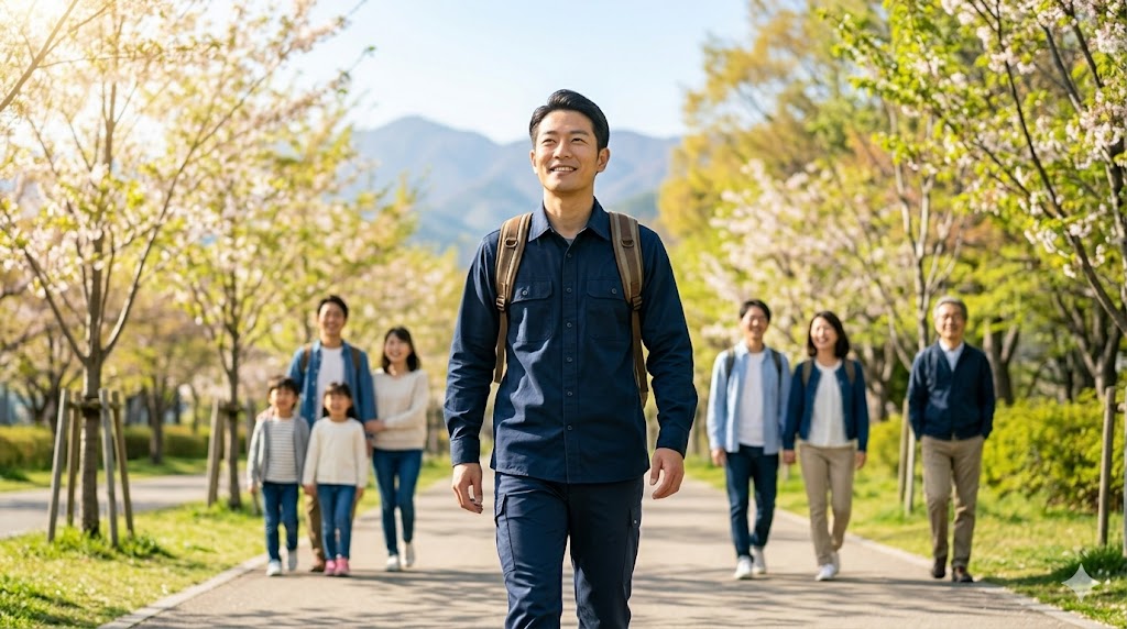 日差しが降り注ぐ並木道を、自信に満ちた表情で真っ直ぐ前を向いて歩く日本人男性。自分の人生を肯定し、自立した大人として未来へ歩む姿。