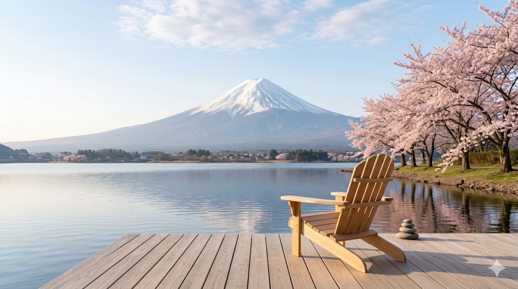 富士山を望む穏やかな湖畔。一人の時間を豊かに楽しむ、自立した大人の生き方を象徴する静かな風景。