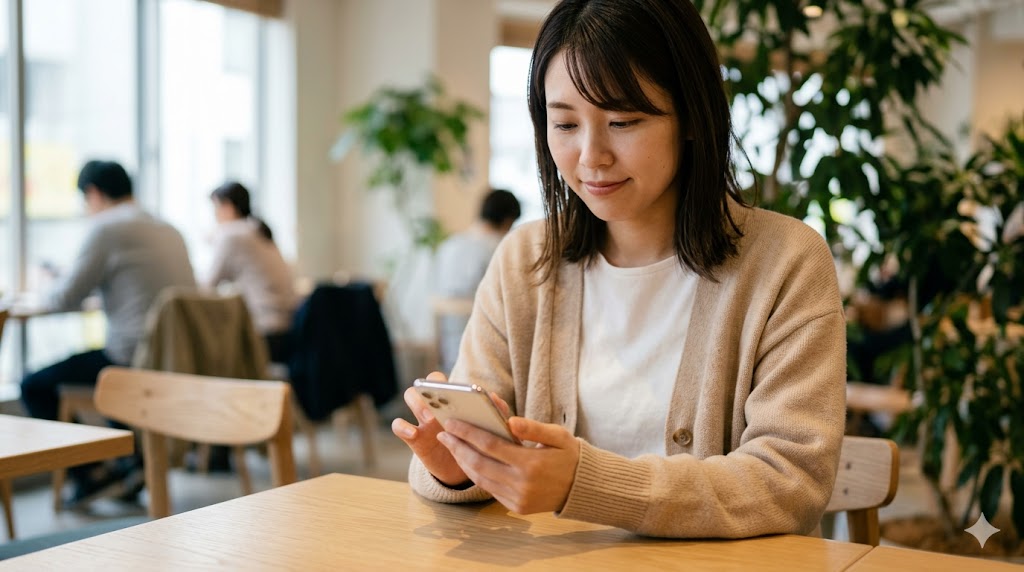 カフェのリラックスした環境で、自身の魅力を誠実に伝えるために、真剣な表情でプロフィールの自己紹介文を推敲する日本人女性の様子