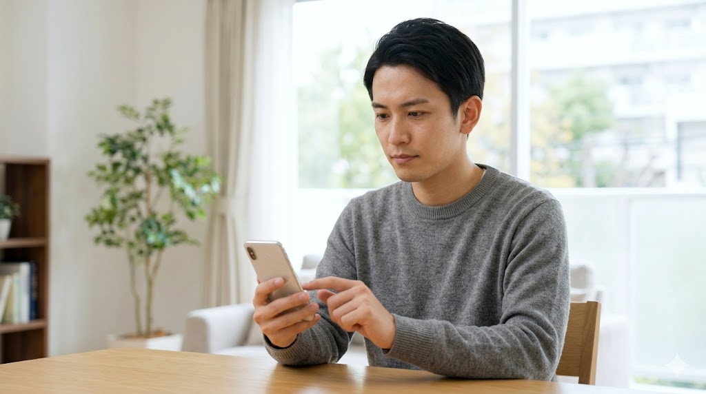 スマートフォンで相手のプロフィール画面を見ながら、決意を持って「ブロック」ボタンを押す日本人男性。自衛のためのブロック。