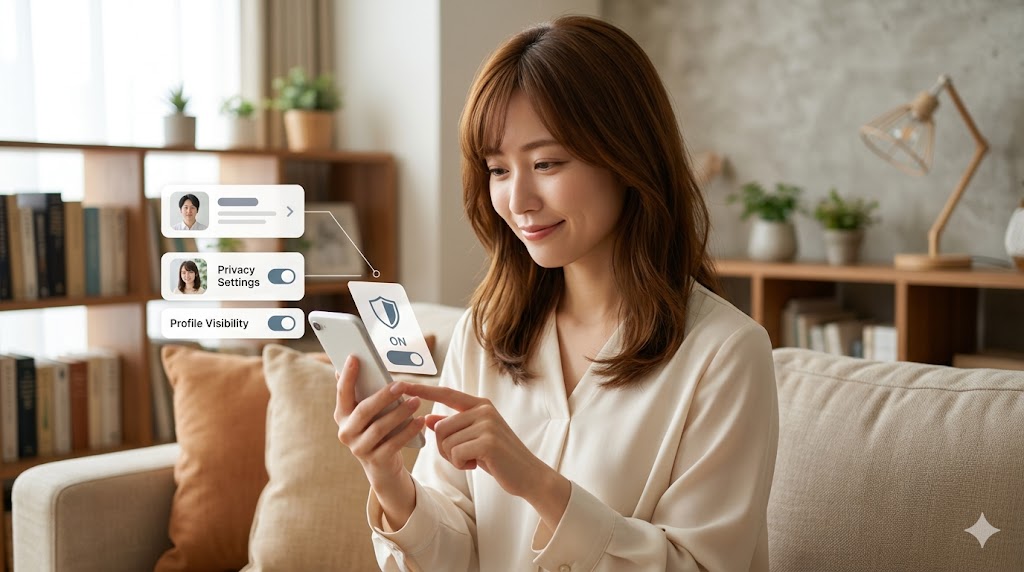 プライベートモードや非公開設定が充実した、安全性の高いマッチングアプリのイメージ