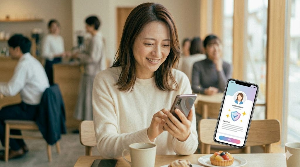 年収証明機能があるマッチングアプリで、安心できる相手を探す日本人女性。