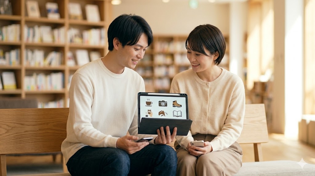 性格診断のアイコンを通じて共通の価値観を持つ相手と繋がるイメージ図。共通の話題で語らう日本人男女。
