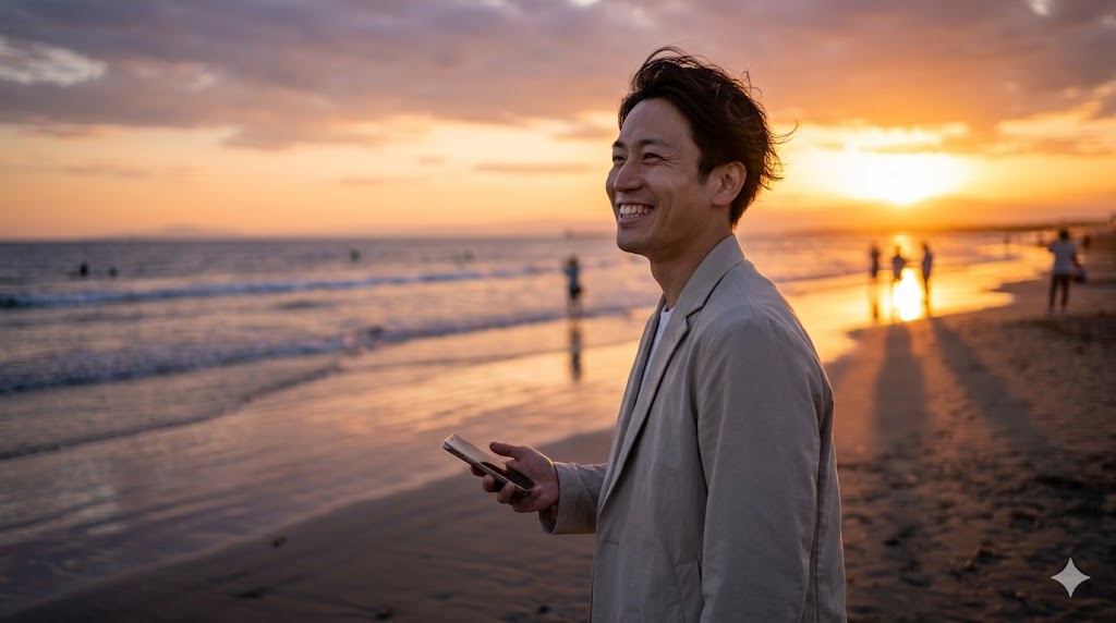 海辺で夕日をバックに爽やかな笑顔を見せる日本人男性。マッチングアプリでの失敗を乗り越え、前向きに出会いを楽しみ、成功へと向かう心の余裕を表現。