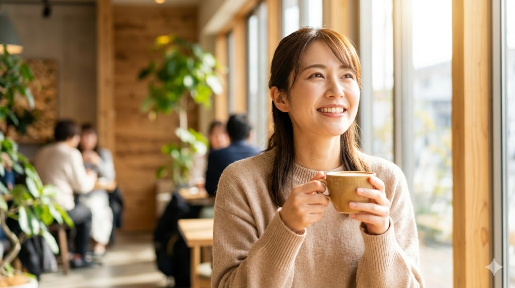 明るい未来を想像し、希望に満ちた笑顔を浮かべる日本人女性。マッチングアプリでの活動を通じて、理想のパートナーとの出会いを引き寄せるポジティブなイメージ。