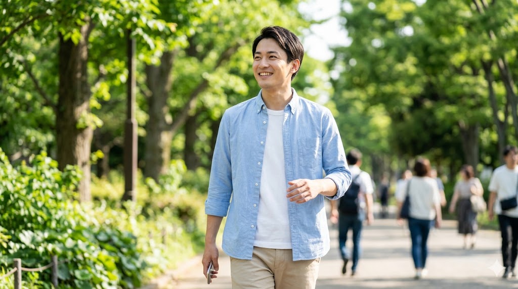 公園を歩きながら振り返り、自然な笑顔を見せる日本人男性の他撮り風スナップ写真