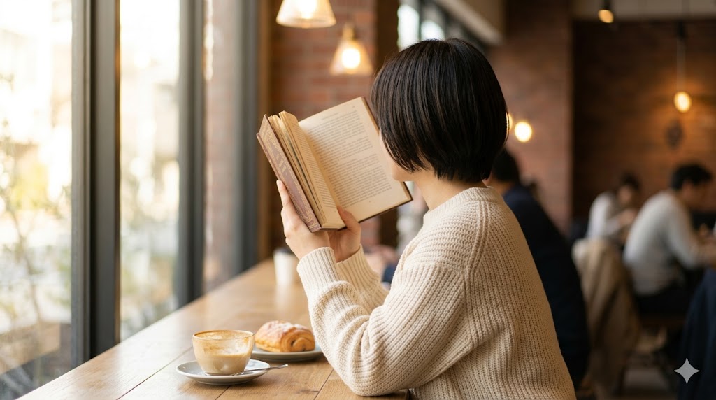 カフェで本を読んで顔を隠している、自然な雰囲気の日本人女性の横顔写真