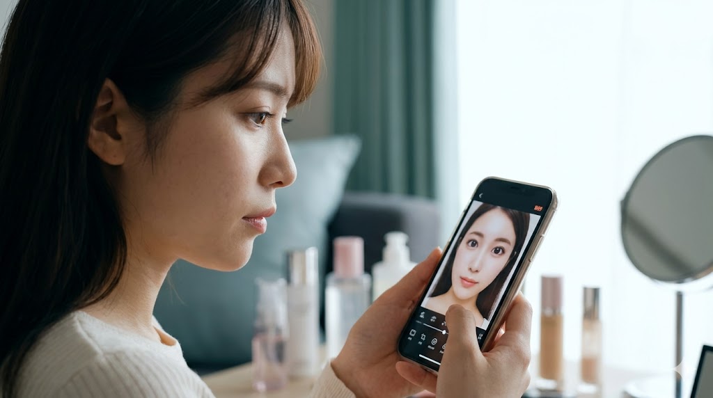 自宅でスマホの加工アプリを使い、真剣な表情でプロフィール写真を修正する日本人女性。マッチングアプリにおける過度な写真加工の背景にある心理を描写。