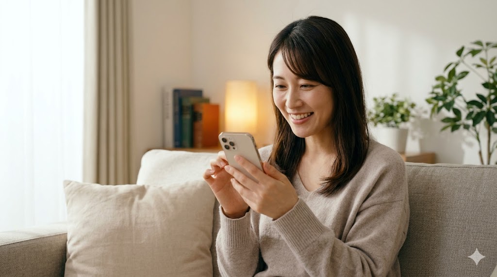 相手のプロフィールや投稿を見て興味を持ち、笑顔でスマートフォンを眺める日本人女性。