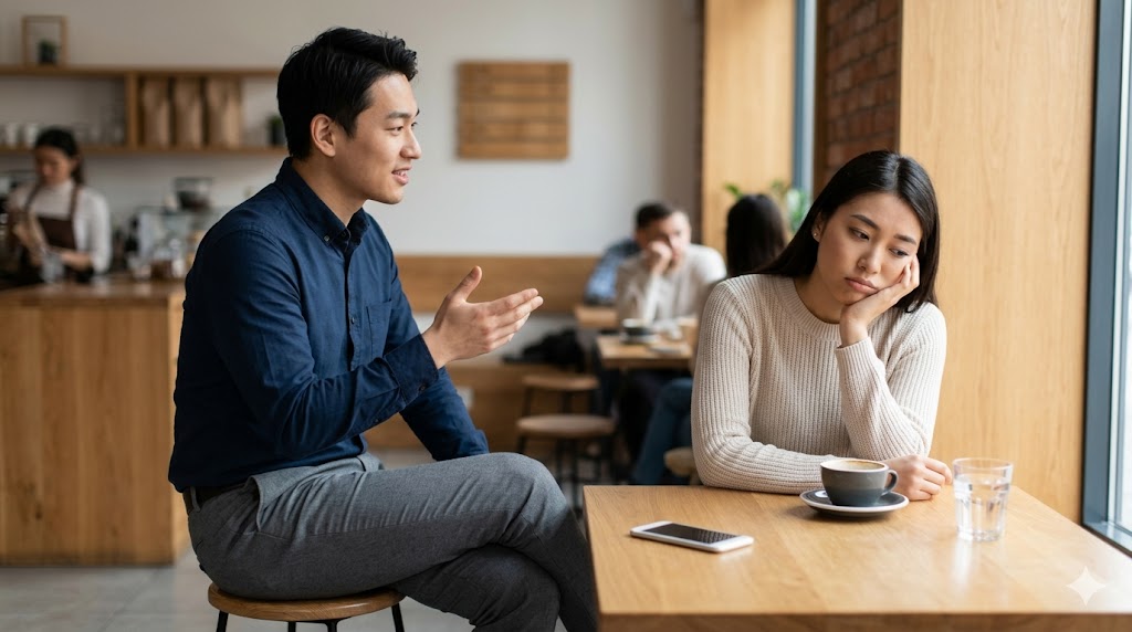 自分の功績を誇らしげに語る日本人男性と、その自慢話に疲れ果てて退屈そうにしている日本人女性の様子