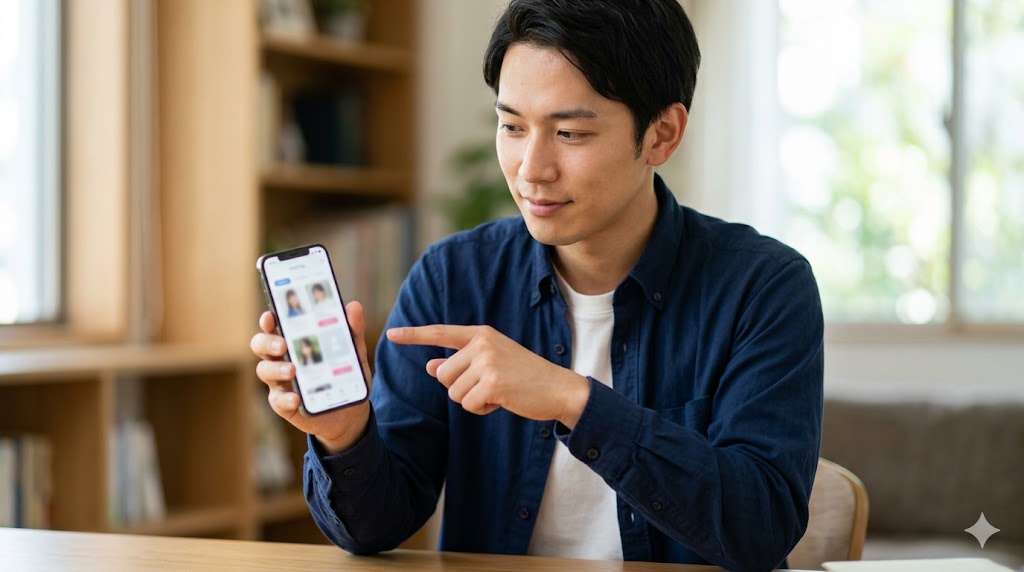 マッチングアプリで盛り上がる話題を見つけるため、真剣に相手のプロフィール情報をスマートフォンで確認する日本人男性。写真や文章から共通点を探すコツを実践。
