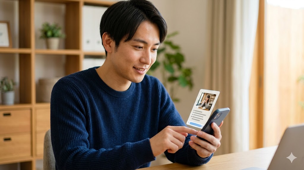 相手のプロフィールを丁寧に読み込み、スマートフォンで最初のメッセージを作成する日本人男性