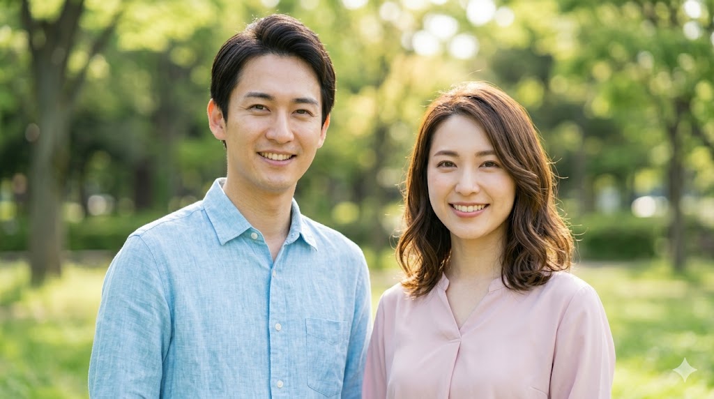 胸から上が写るバストアップ構図で、自然な笑顔を浮かべる日本人の男性と女性。マッチングアプリで男女共に好印象を与える表情。