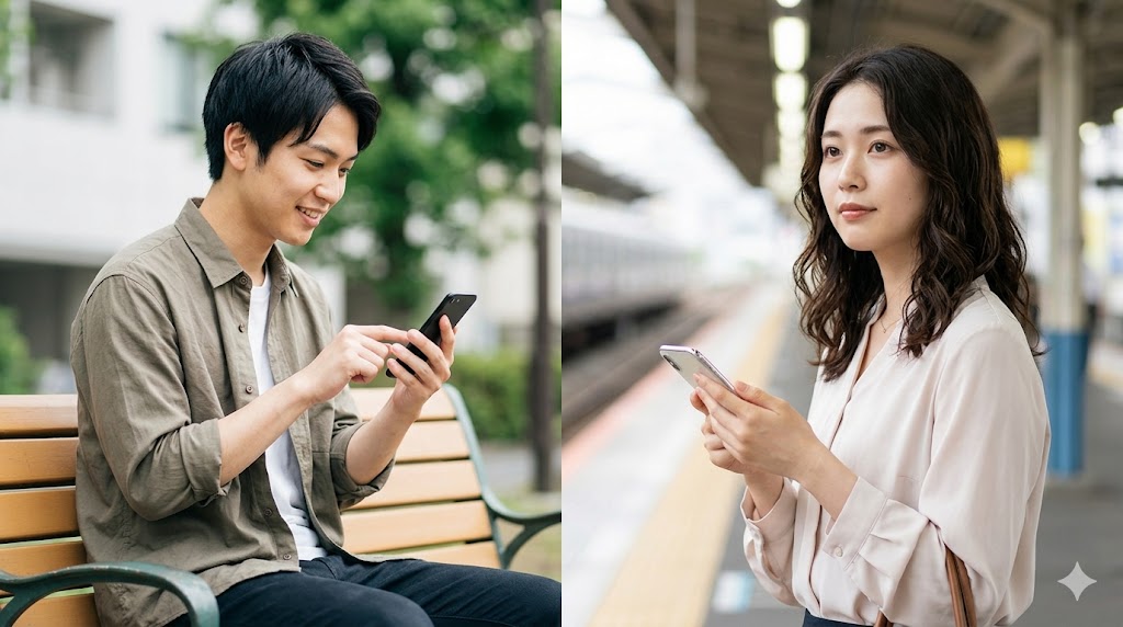 スマートフォンを持ち、相手と同じペースや文章量でメッセージを返す「ミラーリング効果」を意識する様子。