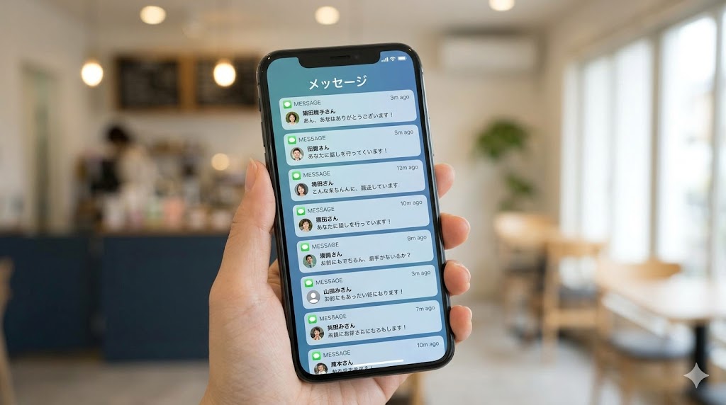 カフェで、複数の男性からマッチングアプリのメッセージ通知が届き、忙しい状態の日本人女性のスマホ画面